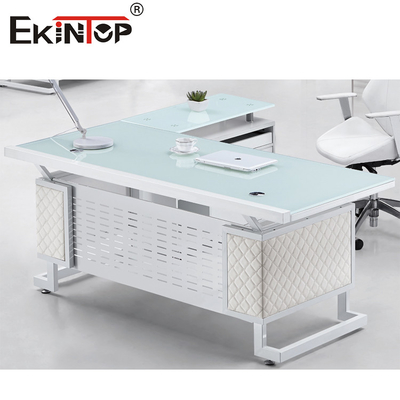 Blue White Metal Feet Executive Glass Desk Polished Durable Surface