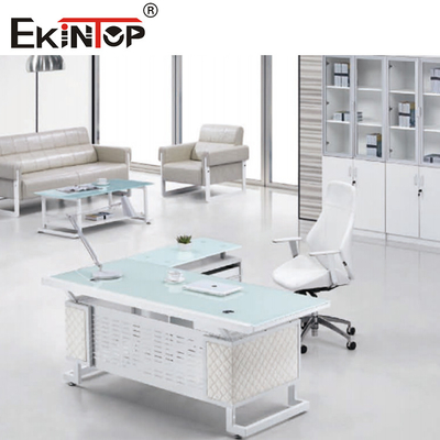 Blue White Metal Feet Executive Glass Desk Polished Durable Surface