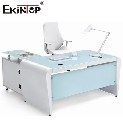Rectangle White Blue Office Computer Glass Desk Top With Drawers And Storage