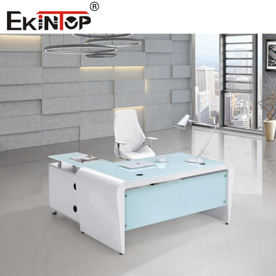 Rectangle White Blue Office Computer Glass Desk Top With Drawers And Storage