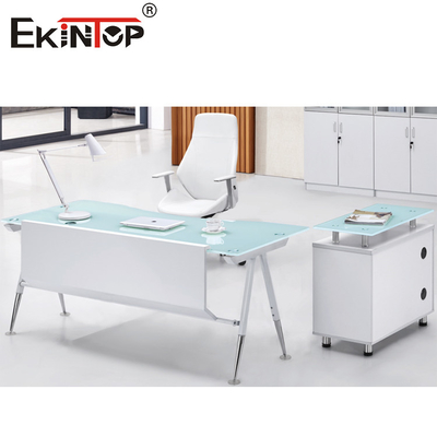 Rectangle White Blue Office Computer Glass Desk Top With Drawers And Storage