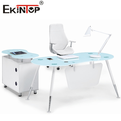 White Blue L Shape CEO Office Glass Desk With Cabinet Smooth Surface