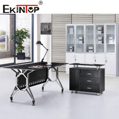 Contemporary Black Glass Desk Metal Legs With Drawer Office Furniture