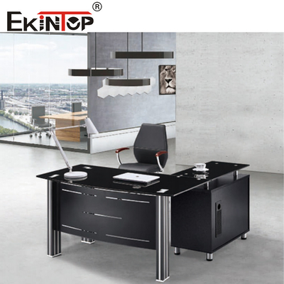 Modern Glass Desk Top With Metal Legs And Drawer Executive Glass Table