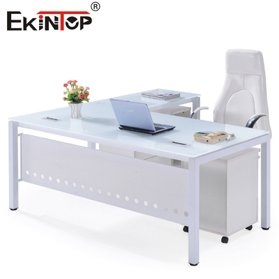 Transparent Blue Glass Desk For Office Building With Metal Legs