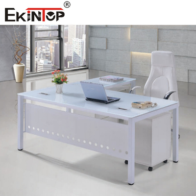 Transparent Blue Glass Desk For Office Building With Metal Legs
