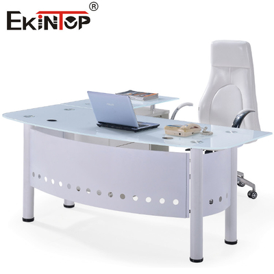 Transparent Blue Glass Desk For Office Building With Metal Legs