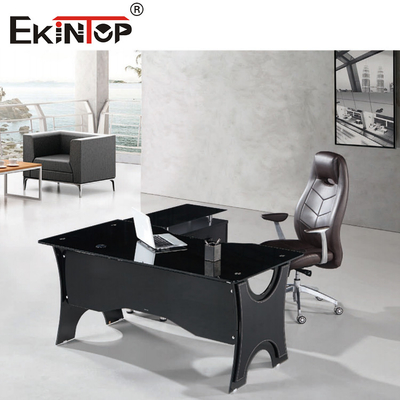 Thickened Tempered Glass Computer Desk Round Corner Black Color Full Mirror Feel