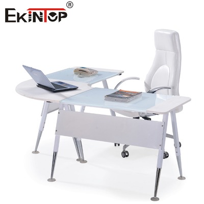 Modern Glass L Shaped Office Desk With Silver Legs