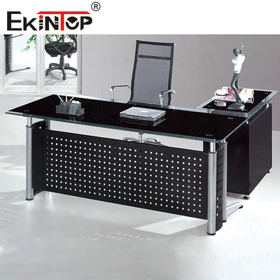Black Office Glass Desk with Drawers Metal Feet for Home and Business Use