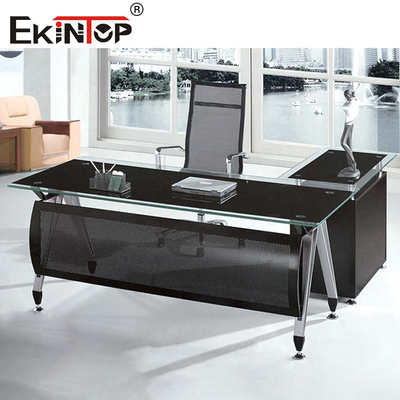 Black Office Glass Desk with Drawers Metal Feet for Home and Business Use