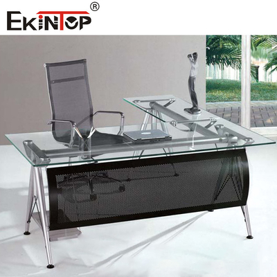 Black Office Glass Desk with Drawers Metal Feet for Home and Business Use
