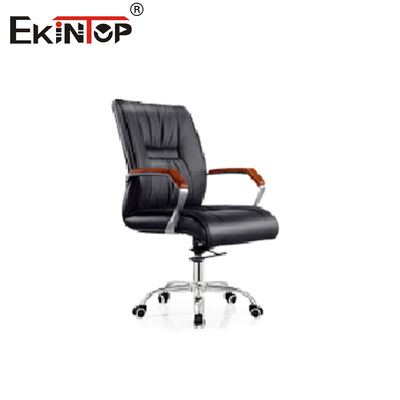 Dark Black Leather Chair with Adjustable Height and Wooden Armrests