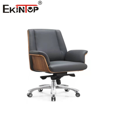 High-back Rotating Height-Adjustable with Wooden Base and Gray Leather Chair