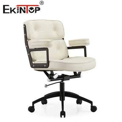 White Leather Mid Back Office Chair With Armrests Casters Quiet PU Wheels