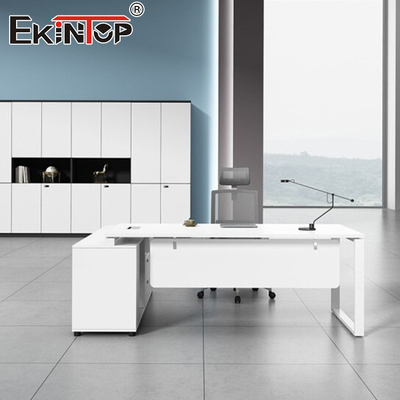 Customizable White Office Desk With Metal Frame Wooden Desktop