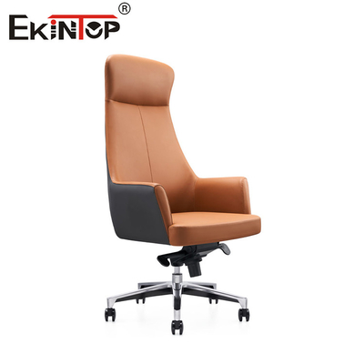 Orange High Back Leather Chair With Armrests And Smooth Casters
